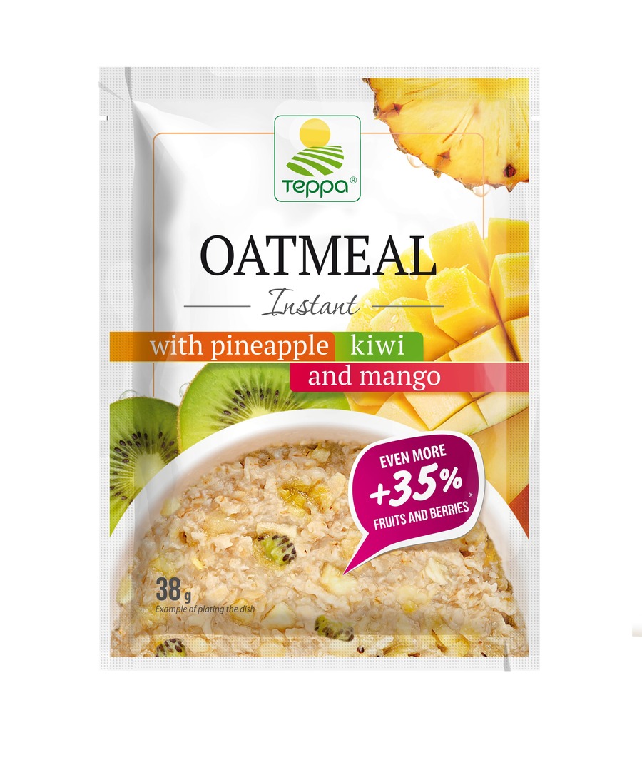 Instant oatmeal porridge with pineapple, kiwi and mango